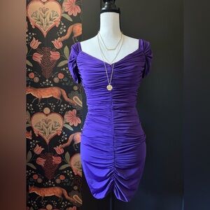 Vintage Jessica McClintock Purple Ruched Mini Dress S XS Fitted Lined Prom